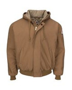 Men's Insulated Brown Duck Hooded Jacket with Knit Trim